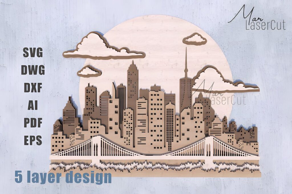 27 Laser Cut Wood Wall Art Ideas for Modern Home Decor 52 Multilayer laser cut wood wall art ideas showing a city skyline with five stacked layers and a bridge