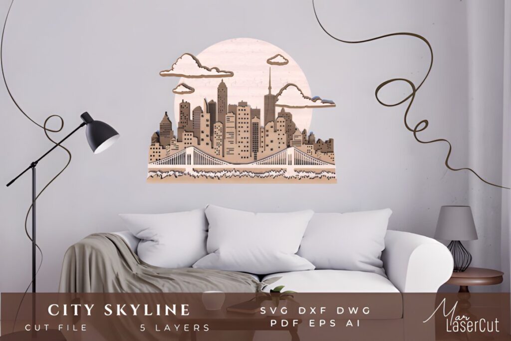 27 Laser Cut Wood Wall Art Ideas for Modern Home Decor 53 Multilayer laser cut wood wall art ideas showing a city skyline with five stacked layers above a white sofa