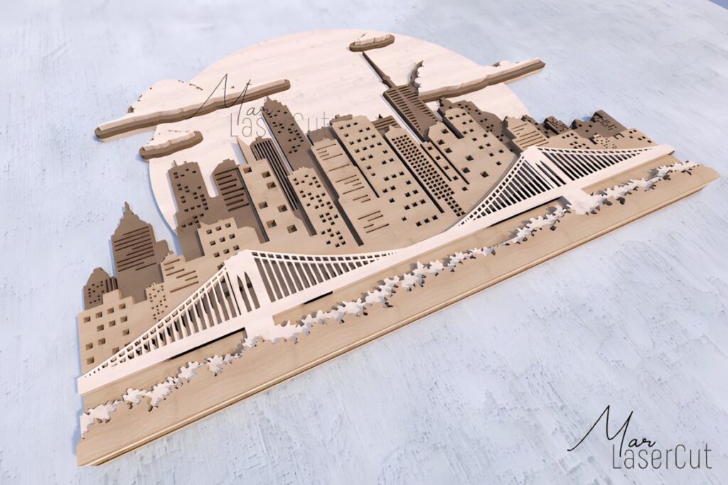 27 Laser Cut Wood Wall Art Ideas for Modern Home Decor 54 Multilayer laser cut wood wall art ideas showing a city skyline with five stacked layers