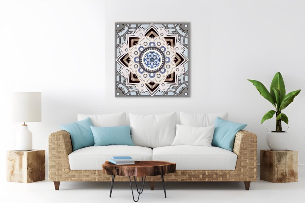 27 Laser Cut Wood Wall Art Ideas for Modern Home Decor 13 Laser cut wood wall art ideas showing a multilayer mandala design hanging above a white sofa in a modern living room
