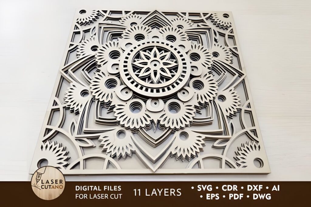 27 Laser Cut Wood Wall Art Ideas for Modern Home Decor 12 Laser cut wood wall art ideas featuring an 11-layer multilayer mandala design with intricate geometric patterns