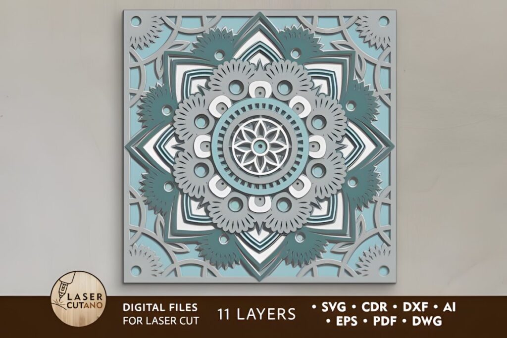 27 Laser Cut Wood Wall Art Ideas for Modern Home Decor 14 Multilayer mandala laser cut wood wall art ideas with 11 layers in blue and gray tones
