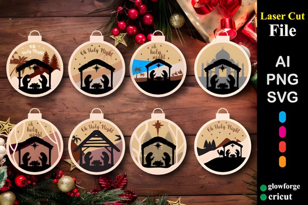 54 Christmas Laser Cut Files for Festive Laser Projects 54 Christmas Laser Cut Files featuring eight Nativity-themed silhouette designs in SVG, AI, and PNG formats for festive craft