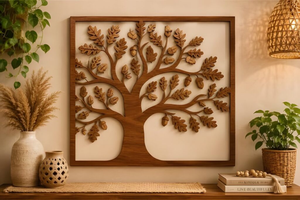 27 Laser Cut Wood Wall Art Ideas for Modern Home Decor 29 Oak tree laser cut wood wall art ideas with detailed leaves and acorns in a modern square frame