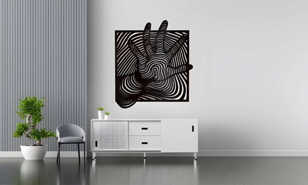 50 Laser Cut Steel Wall Art Ideas for Modern Home Decor 74 Laser cut steel wall art ideas featuring an optical illusion hand design with repeated graphic lines on a modern interior