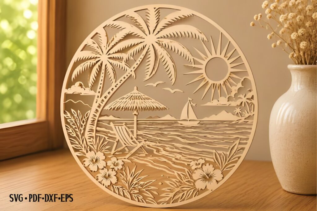 29 Laser Cut Metal Wall Art Ideas for Modern Home Decor 43 Laser cut metal wall art ideas featuring a round tropical beach scene with palm trees, sun, and ocean waves