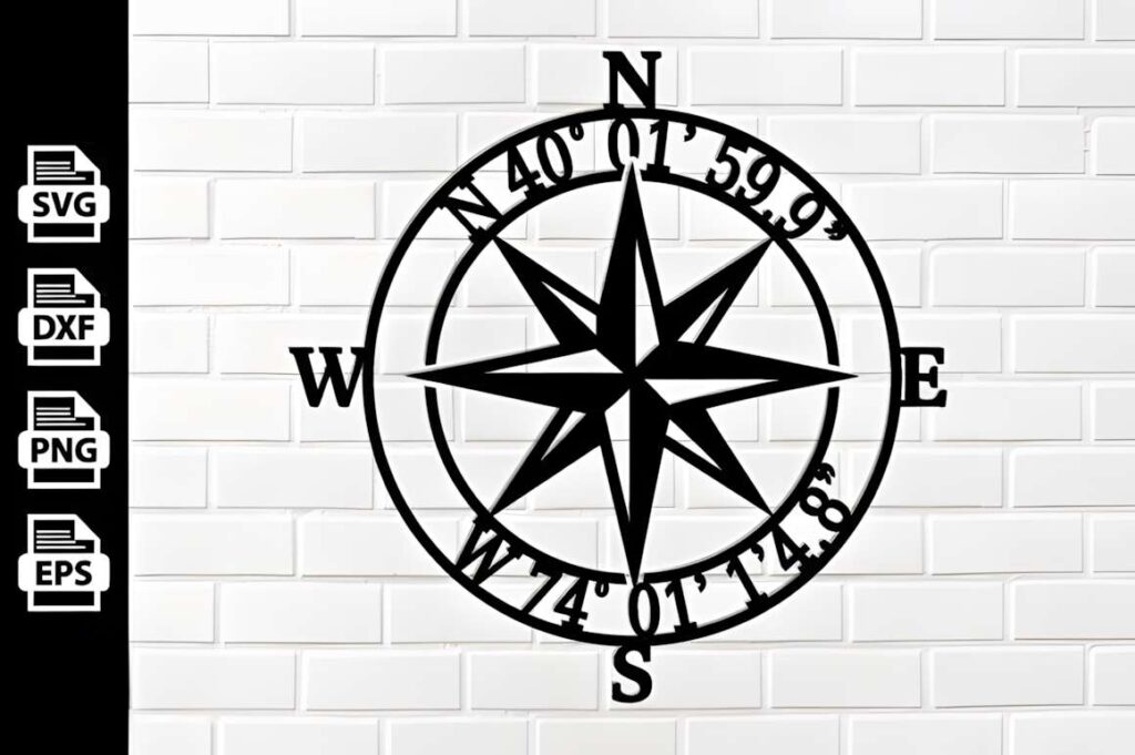 50 Laser Cut Steel Wall Art Ideas for Modern Home Decor 68 Laser cut steel wall art ideas featuring a personalized compass metal sign with directional points and coordinates