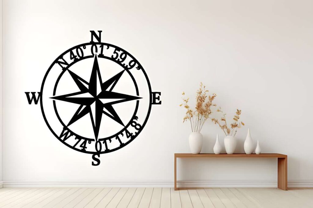 50 Laser Cut Steel Wall Art Ideas for Modern Home Decor 69 Laser cut steel wall art ideas featuring a personalized compass metal sign mounted on a white wall above a wooden bench with