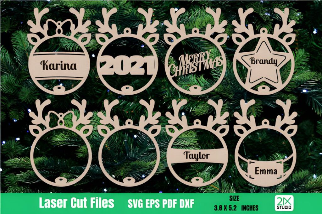 54 Christmas Laser Cut Files for Festive Laser Projects 65 Christmas Laser Cut Files featuring personalized reindeer Christmas ornaments with names and festive designs