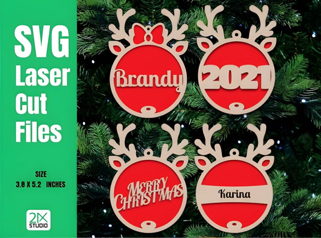 54 Christmas Laser Cut Files for Festive Laser Projects 66 Christmas Laser Cut Files showing personalized reindeer Christmas ornaments with names and 2021 year