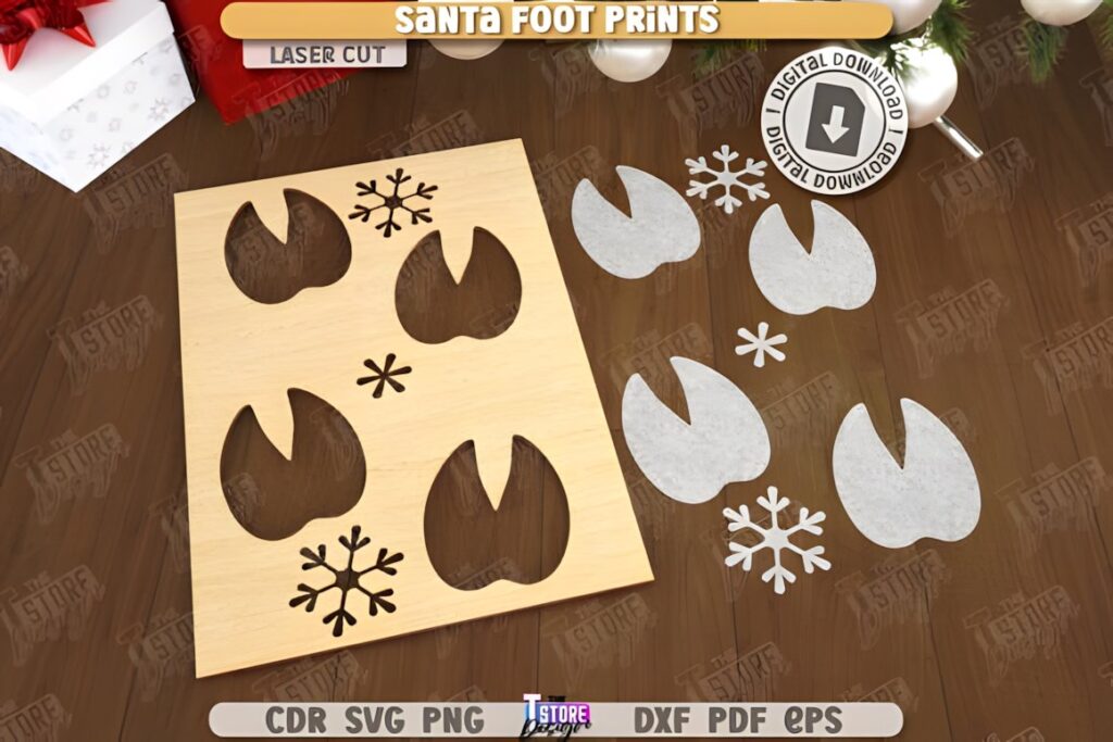54 Christmas Laser Cut Files for Festive Laser Projects 73 Christmas Laser Cut Files featuring Santa foot prints stencil templates with snowflakes for festive laser projects
