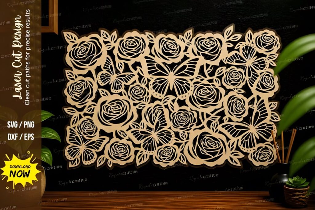 47 Laser Cut Wall Art Ideas for Stylish Home Interiors 28 Rose floral laser cut wall art with intricate rose and butterfly motifs for stylish home interiors — laser cut wall art ideas