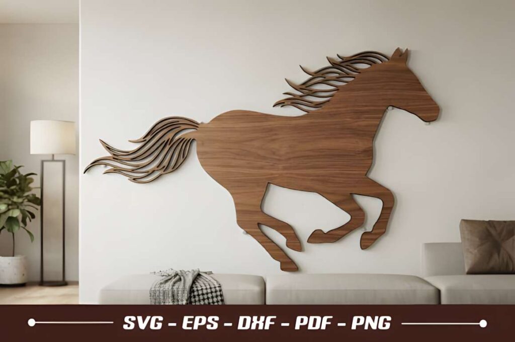 50 Laser Cut Steel Wall Art Ideas for Modern Home Decor 48 Running horse laser cut steel wall art ideas with flowing mane and tail mounted on white wall above sofa