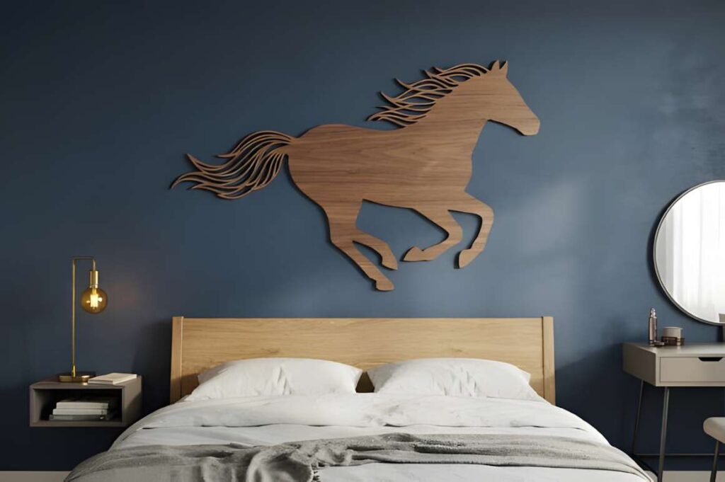 50 Laser Cut Steel Wall Art Ideas for Modern Home Decor 49 laser cut steel wall art ideas featuring a running horse silhouette with flowing mane mounted above bed