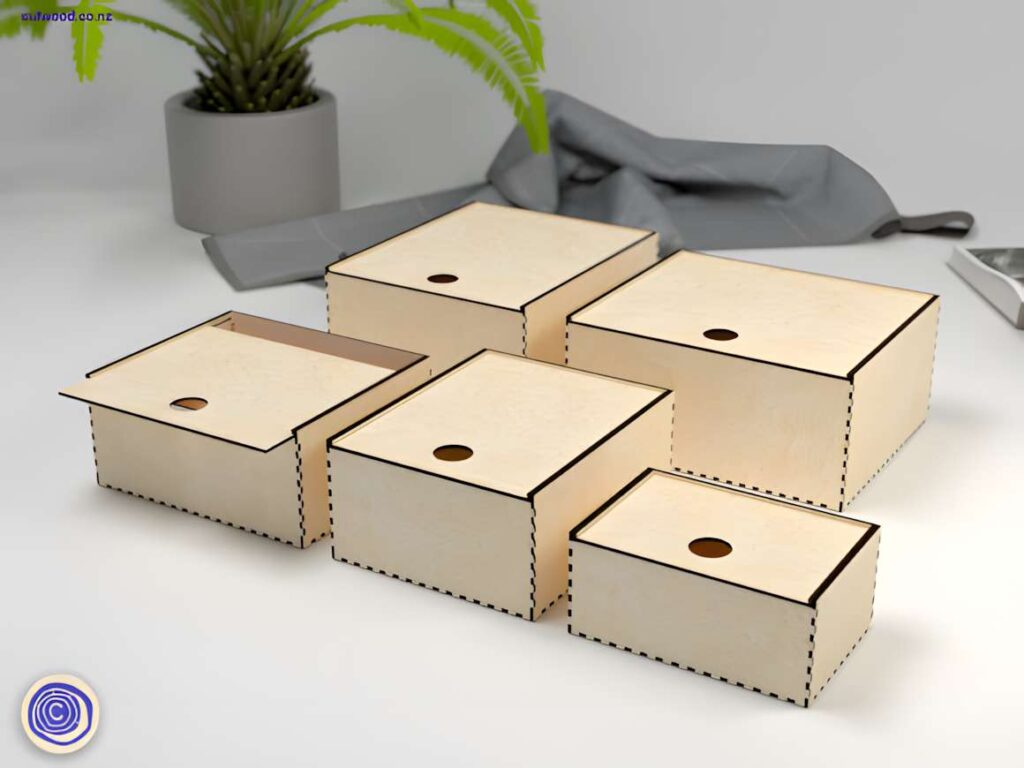 Slider Box Bundle - Laser Cut Files Set of five wooden slider boxes made from 3D laser cut files in various sizes with sliding lids