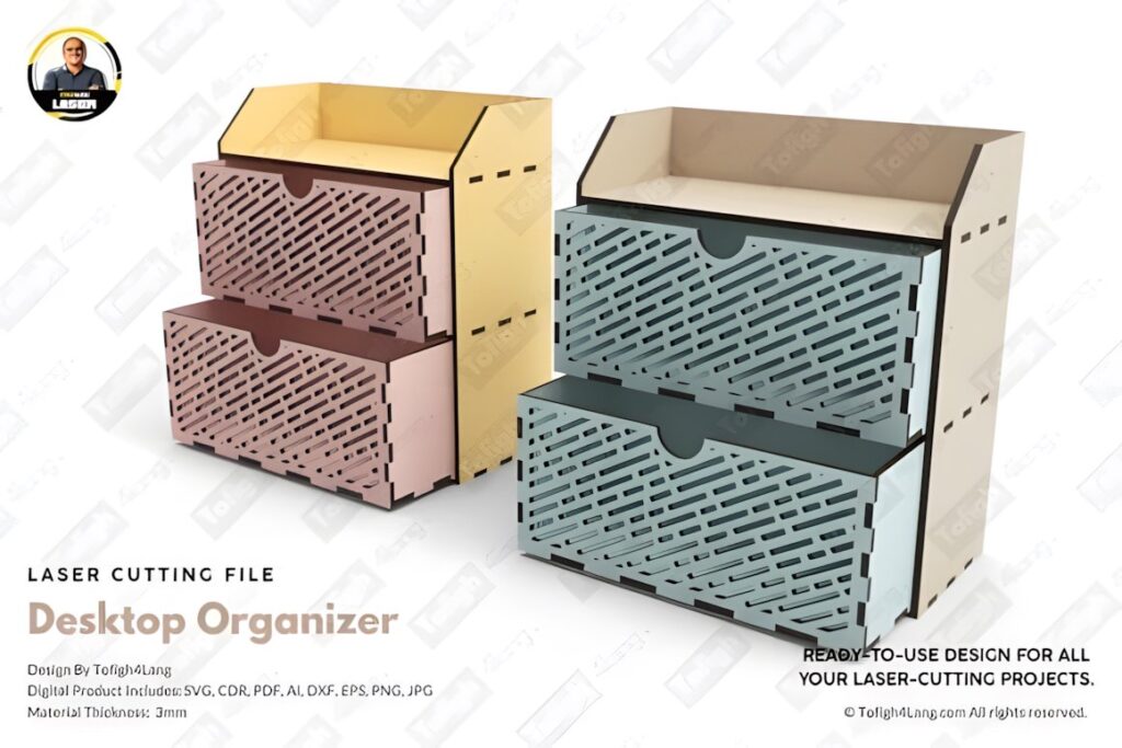 17 Laser Cut Desk Organizer Templates for DIY Laser Projects 25 Laser cut desk organizer templates showing two compact desktop organizers with patterned drawers in beige and gray