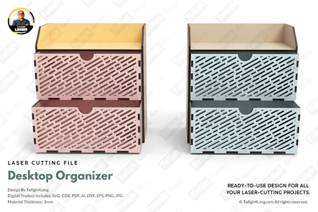 17 Laser Cut Desk Organizer Templates for DIY Laser Projects 26 Laser cut desk organizer templates showing two compact desktop organizers with patterned drawers in pink and blue