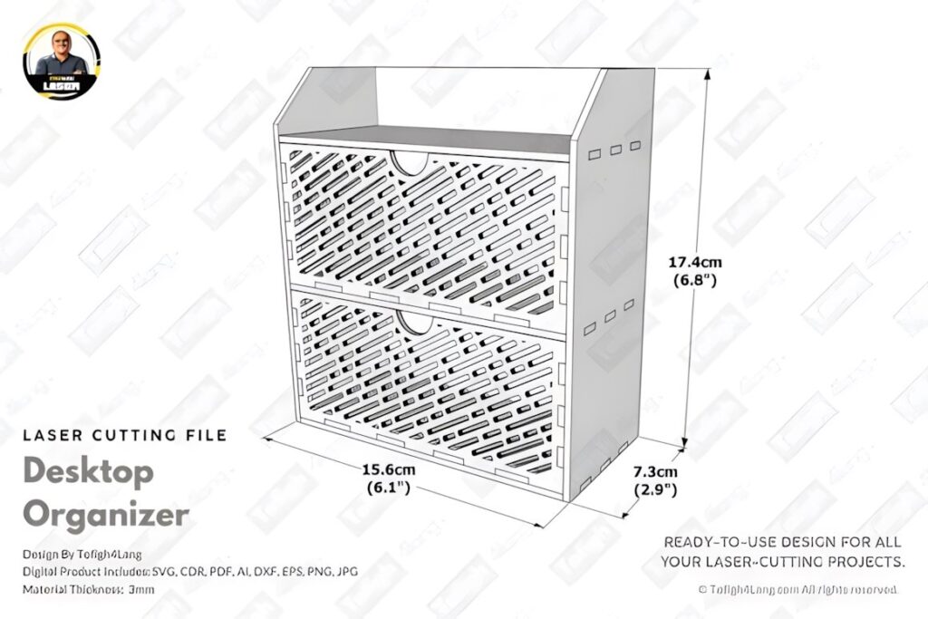 17 Laser Cut Desk Organizer Templates for DIY Laser Projects 27 laser cut desk organizer templates showing a compact two-tier desktop organizer with dimensions