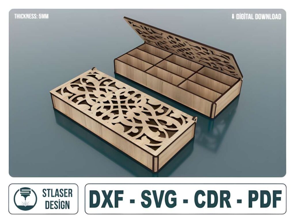 Storage Box Laser Cut Svg Files 3D laser cut files for a decorative wooden storage box with intricate top design and multiple compartments