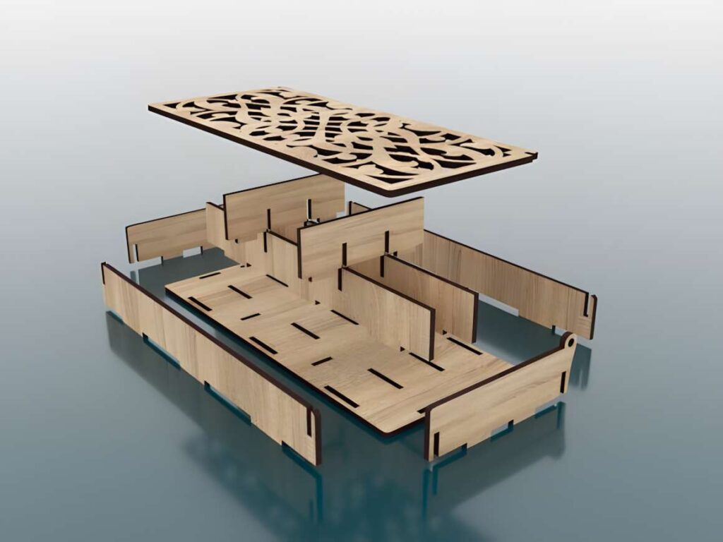 Storage Box Laser Cut Svg Files Poster 3 3D laser cut files for a storage box with interlocking wooden panels and decorative lid