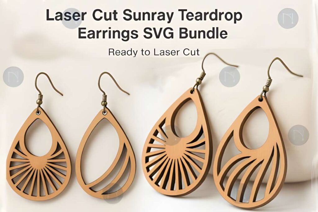 Laser Cut Teardrop Earring SVG Bundles Laser cut teardrop earring SVG bundles featuring sunray designs in wood material