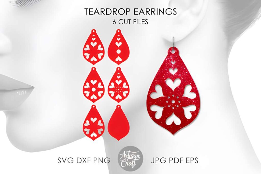 Laser Cut Teardrop Earring SVG Bundles Laser cut teardrop earring SVG bundles showing six red teardrop earring designs with heart and floral cutouts