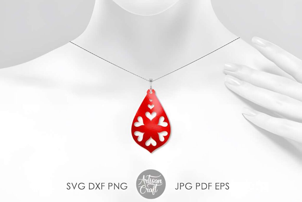 Laser Cut Teardrop Earring SVG — laser cut teardrop earring SVG bundles Red laser cut teardrop earring with heart-shaped cutouts on a mannequin neck, laser cut teardrop earring SVG bundles