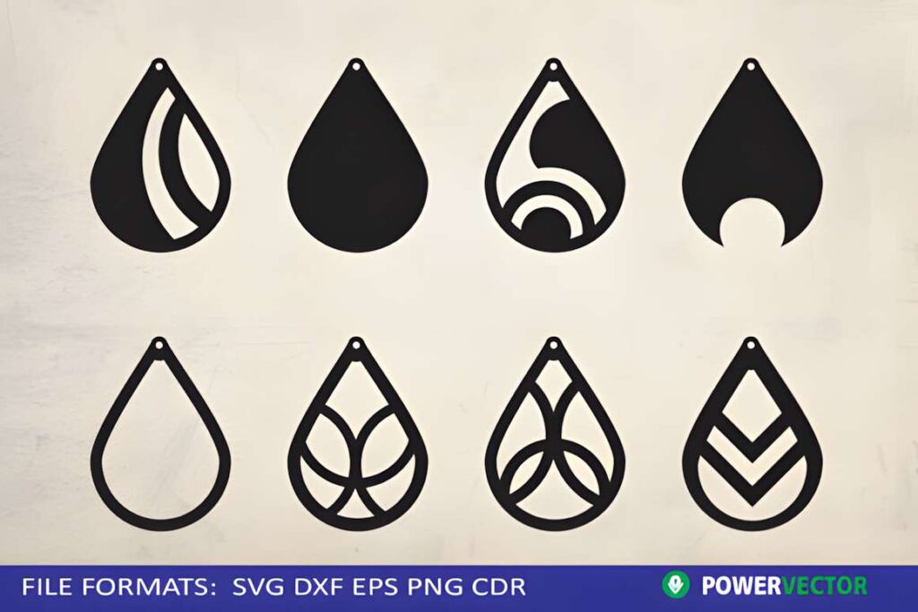 Laser Cut Teardrop Earring SVG Bundles Laser cut teardrop earring SVG bundles showing eight distinct black teardrop earring designs with various cutout patterns