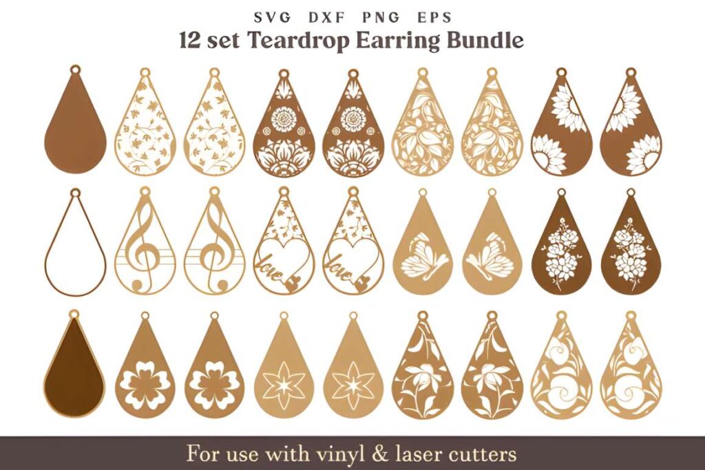 Laser Cut Teardrop Earring SVG Bundles laser cut teardrop earring SVG bundles showing 24 decorative teardrop earring designs in brown and beige tones