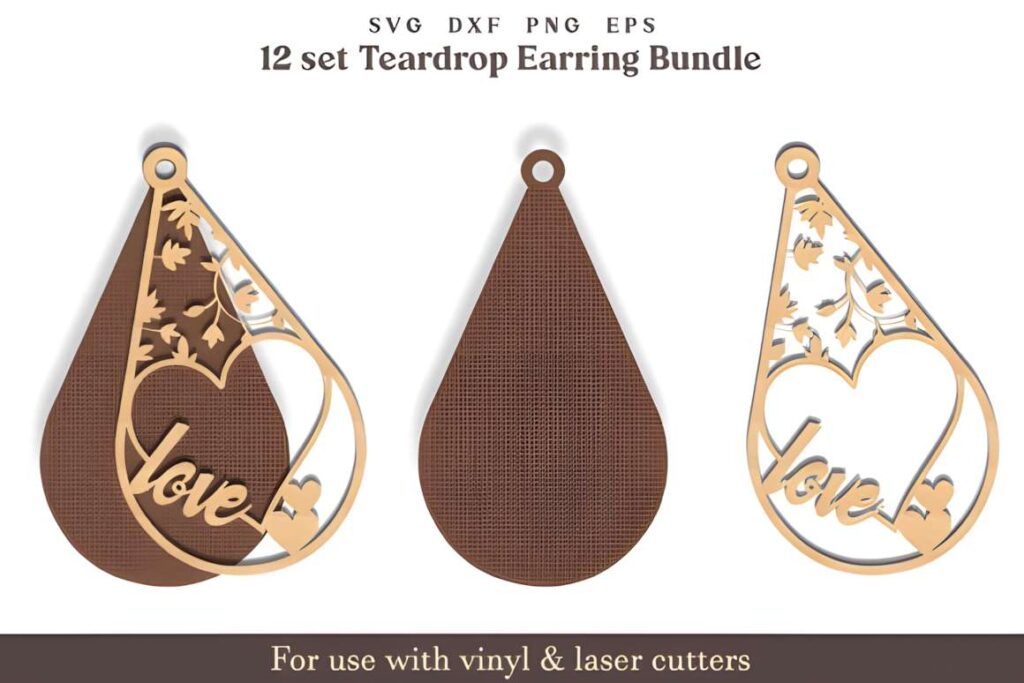 Laser Cut Teardrop Earring SVG Bundles laser cut teardrop earring SVG bundles showing three teardrop earring designs with floral and love motifs