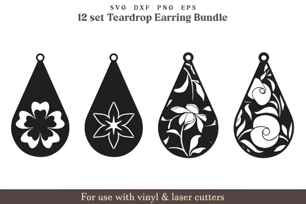 Laser Cut Teardrop Earring SVG Bundles laser cut teardrop earring SVG bundles showing four black teardrop earring designs with floral and abstract cutout patterns