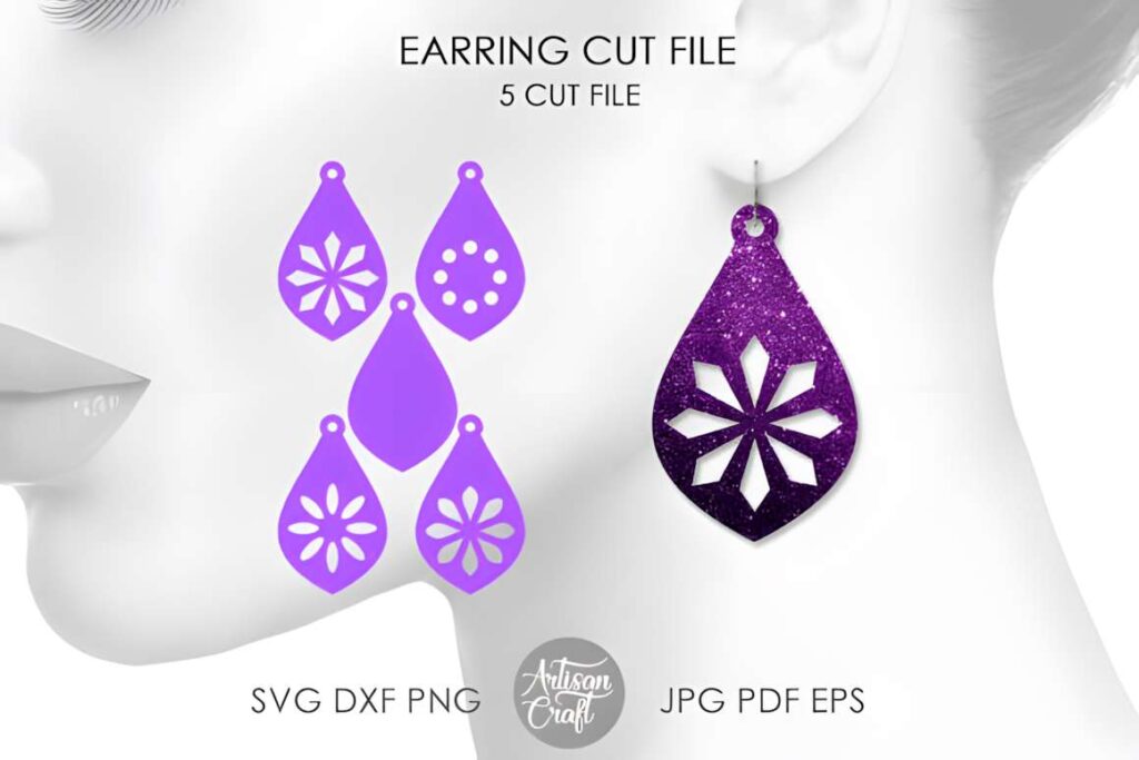 Laser Cut Teardrop Earring SVG Bundles Laser cut teardrop earring SVG bundles showing five purple teardrop earring designs with cutout patterns