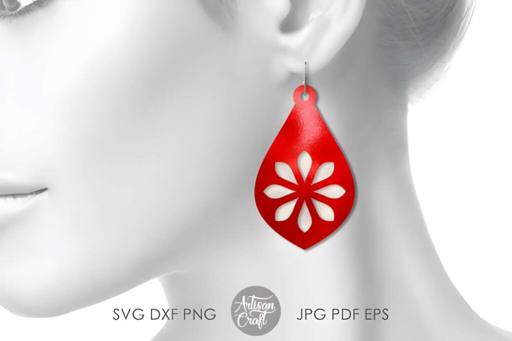 Laser Cut Teardrop Earring SVG Bundles laser cut teardrop earring SVG bundles showing a red teardrop earring with floral cutout design