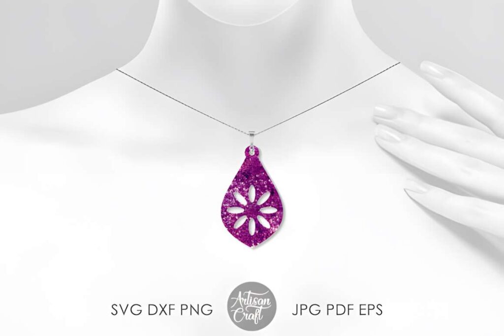 Laser Cut Teardrop Earring SVG Bundles Laser cut teardrop earring SVG bundles shown as a purple glitter teardrop pendant on a necklace