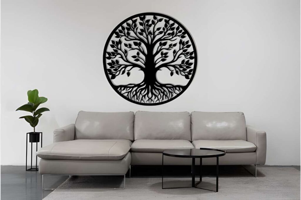 50 Laser Cut Steel Wall Art Ideas for Modern Home Decor 66 Laser cut steel wall art ideas featuring a circular tree design with detailed branches and roots above a modern gray sofa