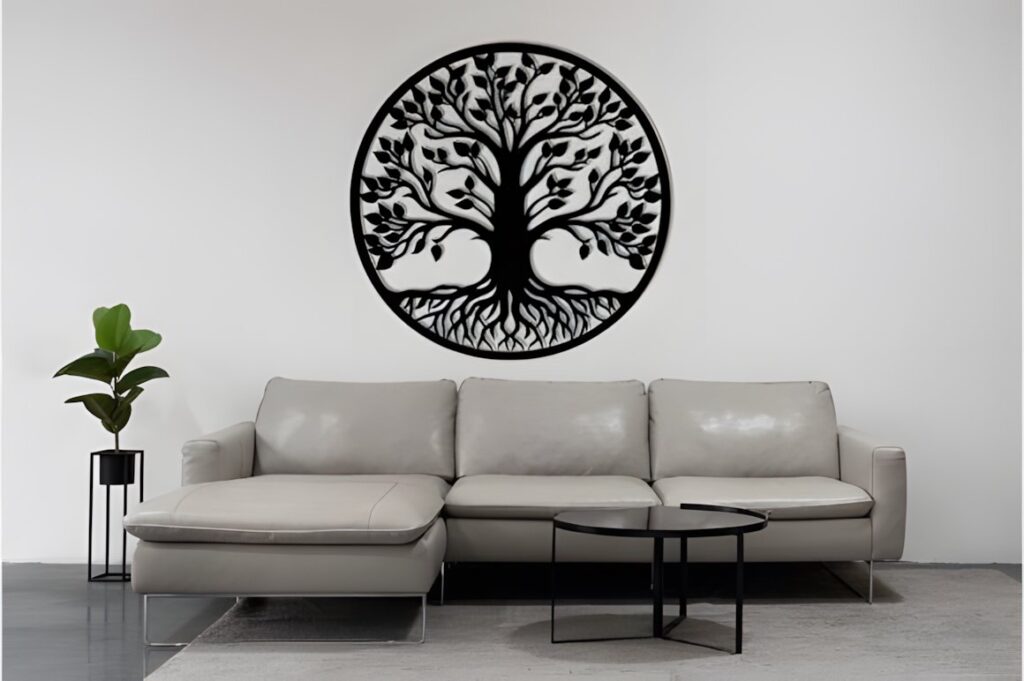 29 Laser Cut Metal Wall Art Ideas for Modern Home Decor 29 laser cut metal wall art ideas featuring a round tree design mounted above a modern gray sofa
