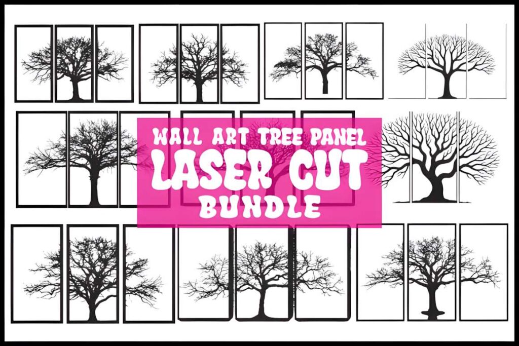 17 Laser Cut Metal Wall Art Panels for Modern Home Decor 16 Laser cut metal wall art panels featuring split tree silhouettes in a bundle for nature-themed wall decor