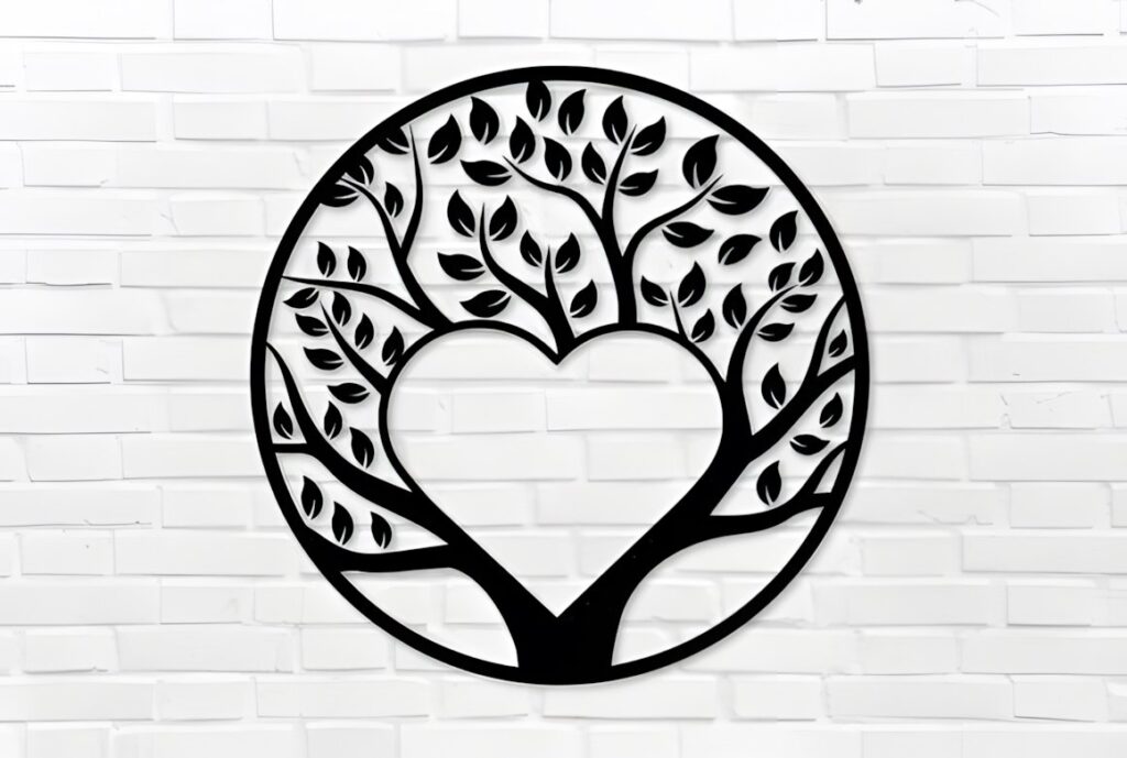 27 Laser Cut Wood Wall Art Ideas for Modern Home Decor 27 laser cut wood wall art ideas featuring a circular tree design with a heart-shaped center mounted on a white brick wall