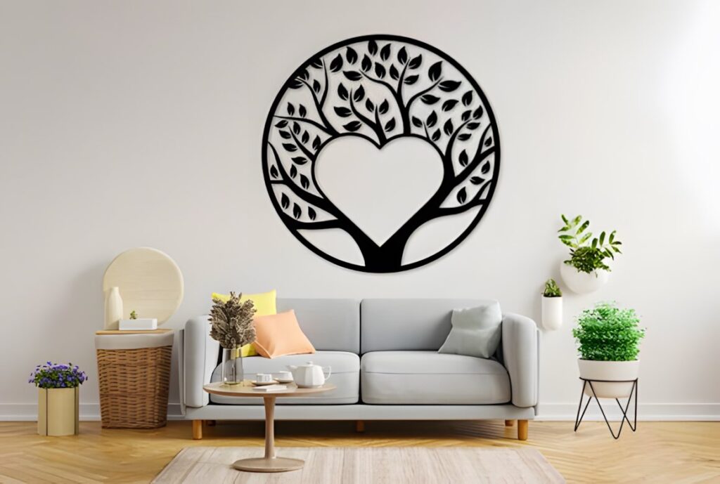 27 Laser Cut Wood Wall Art Ideas for Modern Home Decor 28 Laser cut wood wall art ideas featuring a black circular tree design with a heart-shaped center above a modern sofa