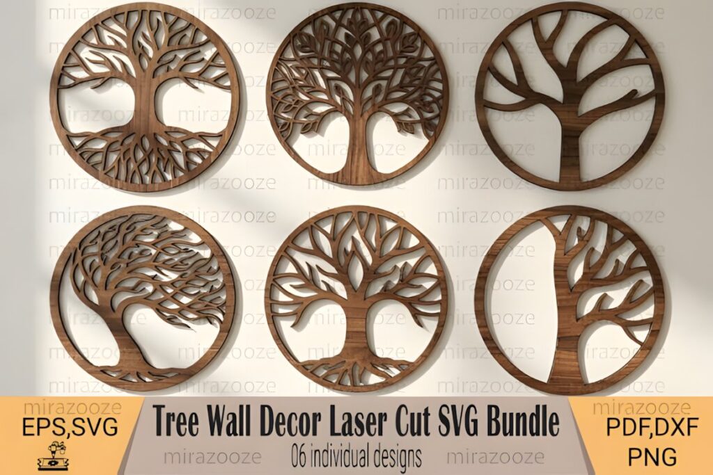 47 Laser Cut Wall Art Ideas for Stylish Home Interiors 22 Set of six circular laser cut wall art designs featuring various tree silhouettes in wood — laser cut wall art ideas