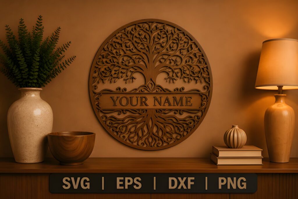 47 Laser Cut Wall Art Ideas for Stylish Home Interiors 18 laser cut wall art ideas featuring a round tree design with customizable text in a warm-toned room