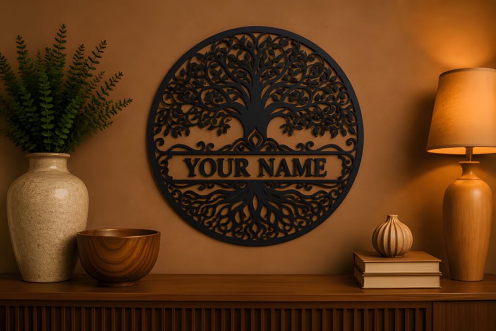 47 Laser Cut Wall Art Ideas for Stylish Home Interiors 17 Round laser cut wall art with intricate tree design and customizable name section in warm — laser cut wall art ideas