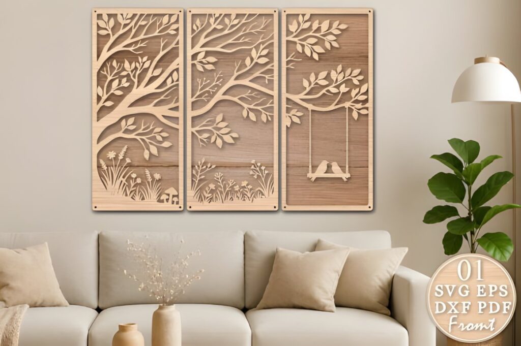 47 Laser Cut Wall Art Ideas for Stylish Home Interiors 20 Laser cut wall art ideas featuring a three-panel Tree of Life design with intricate branches and a swing above a beige sofa