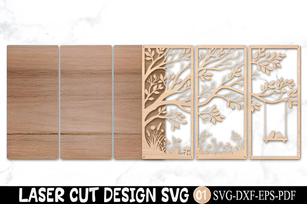 47 Laser Cut Wall Art Ideas for Stylish Home Interiors 21 Laser cut wall art ideas featuring a Tree of Life design in five wooden panels with intricate branches and leaves