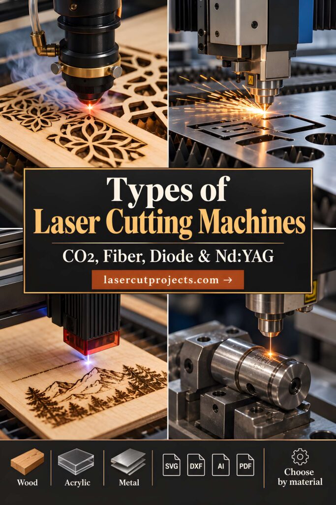 Types of Laser Cutting Machines Explained 1 Types of laser cutting machines engraving wood, metal, and acrylic materials with CO2, fiber, diode, and Nd:YAG lasers