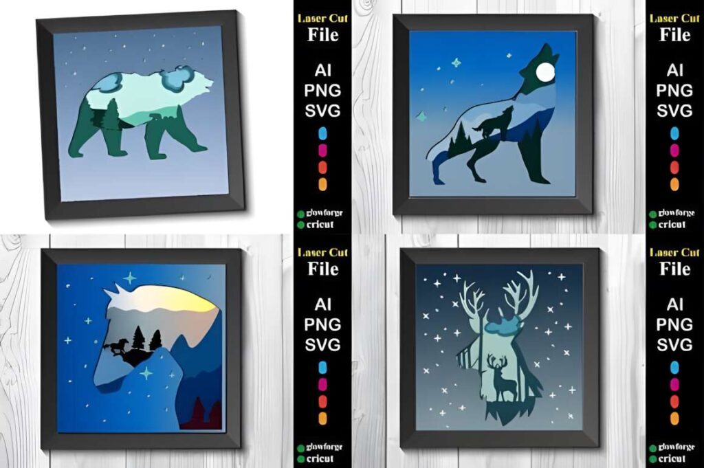 Ultimate Christmas Laser Cut Bundle Poster 10 Four framed 3D laser cut files showing layered animal silhouettes including a bear, wolf, polar bear, and deer against