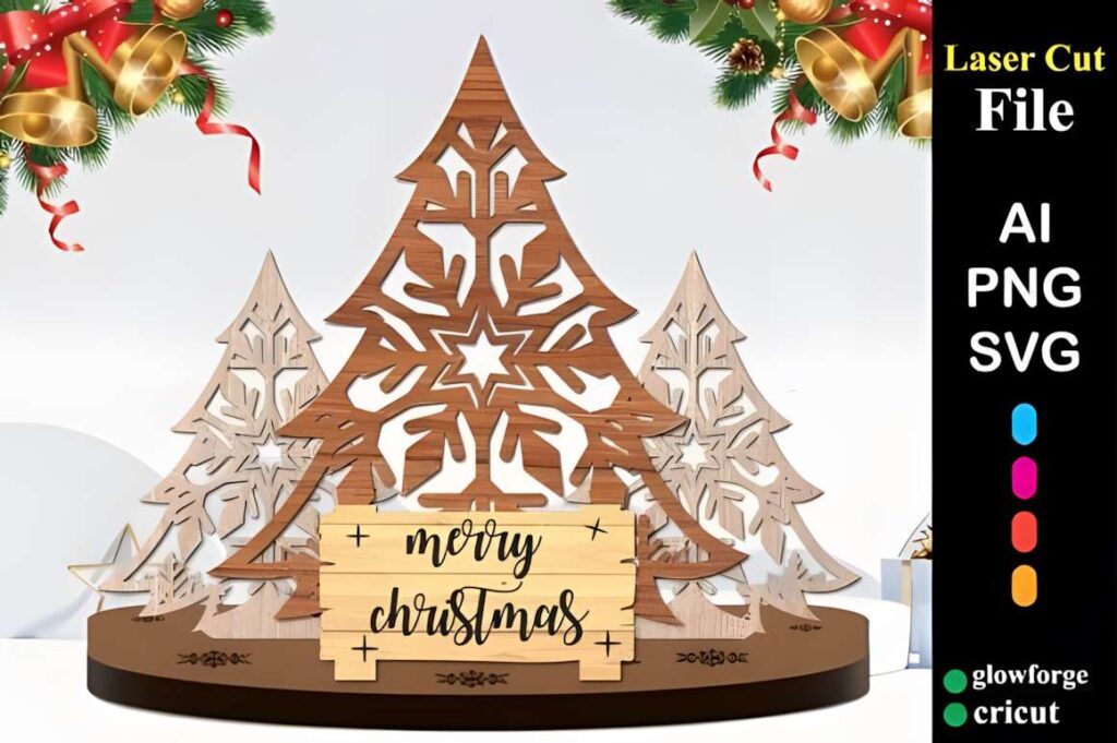 Ultimate Christmas Laser Cut Bundle Poster 13 3D laser cut files of layered Christmas tree decorations with a wooden base and festive design