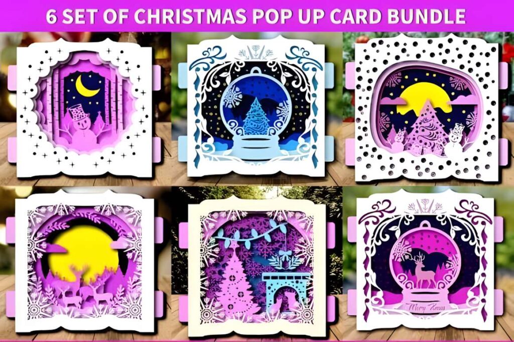 Ultimate Christmas Laser Cut Bundle Poster 2 6 set of Christmas pop up cards featuring layered 3D laser cut files with festive designs including trees, snowflakes, and