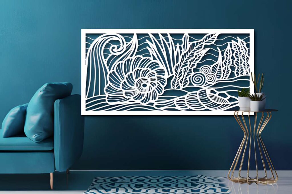 50 Laser Cut Steel Wall Art Ideas for Modern Home Decor 16 Laser cut steel wall art ideas featuring a nautical panel with sea plants and seashell shapes in a coastal-modern room