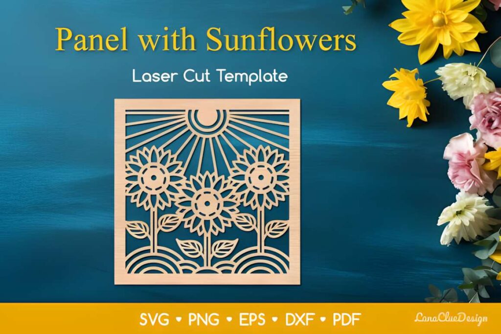 17 Laser Cut Metal Wall Art Panels for Modern Home Decor 19 Laser cut metal wall art panels featuring a square sunflower design with three sunflowers and sun rays